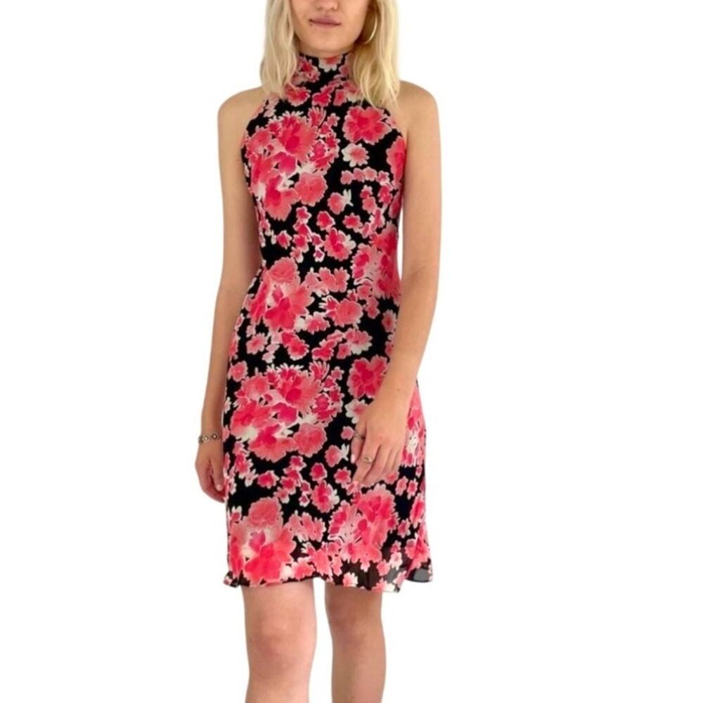 Vintage Evan Picone Cherry Blossom Floral Y2K Bias Cut Caged Back Halter Dress 4